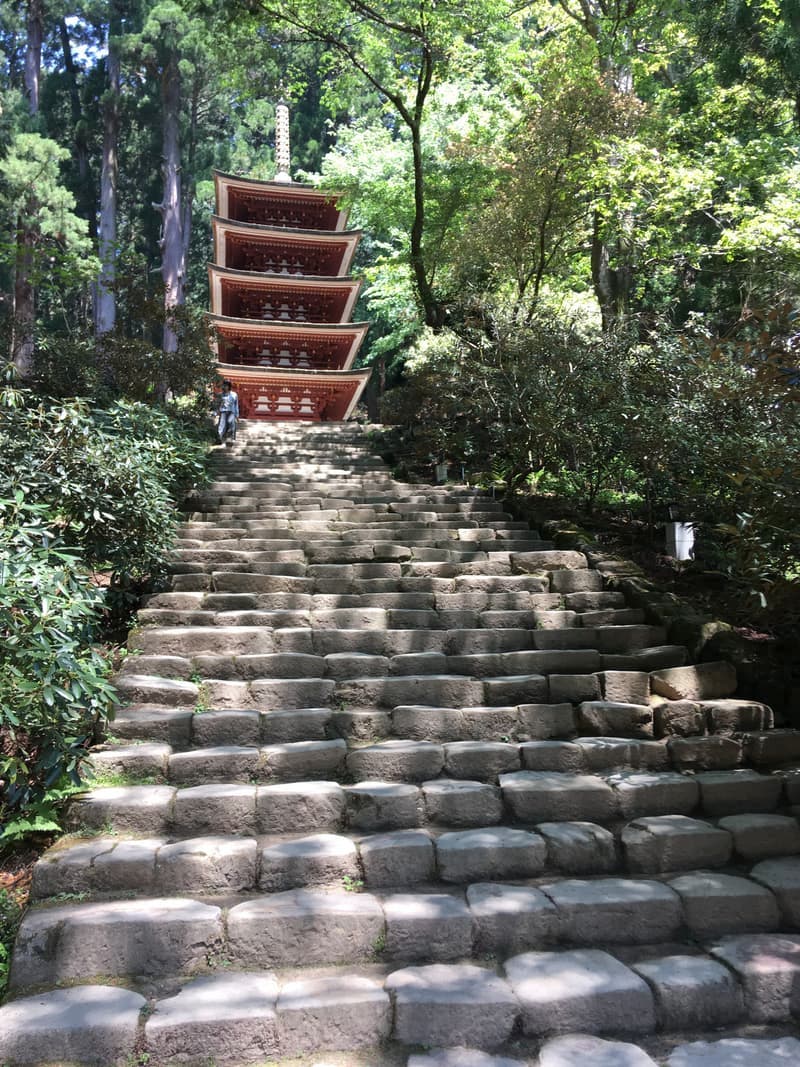 A five-storey pagoda at the top of a moss-edged stone stairway