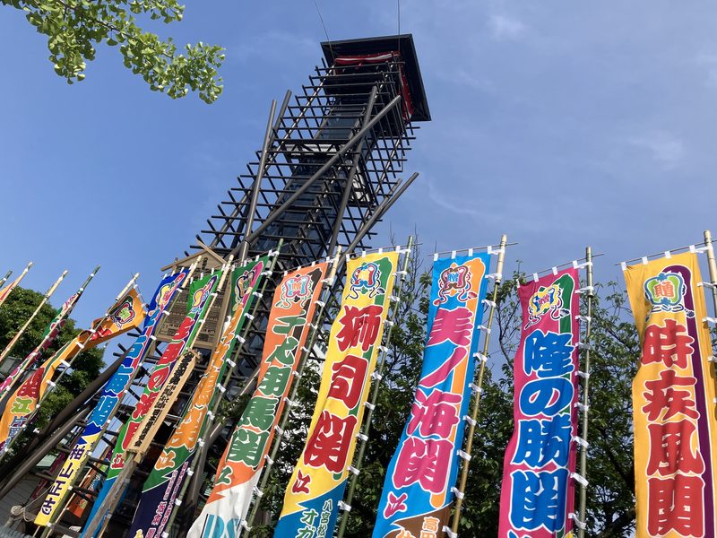 Wrestlers’ banners flying outside the Ryogoku Kokugikan sumo hall