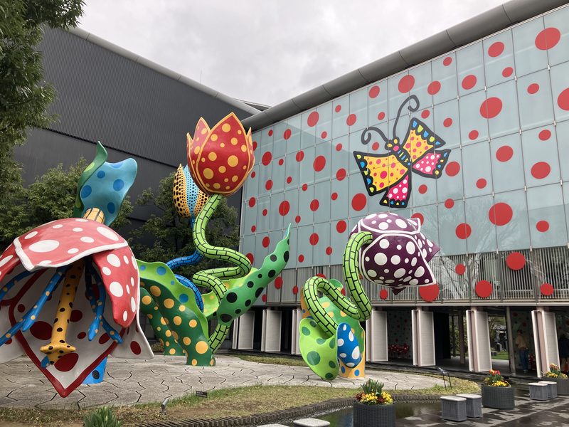 Dotted flower sculptures outside the Matsumoto City Museum of Art