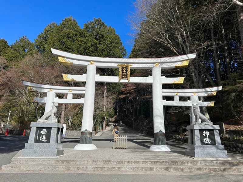 The white triple torii and wolf guardian statues of Mitsumine Shrine